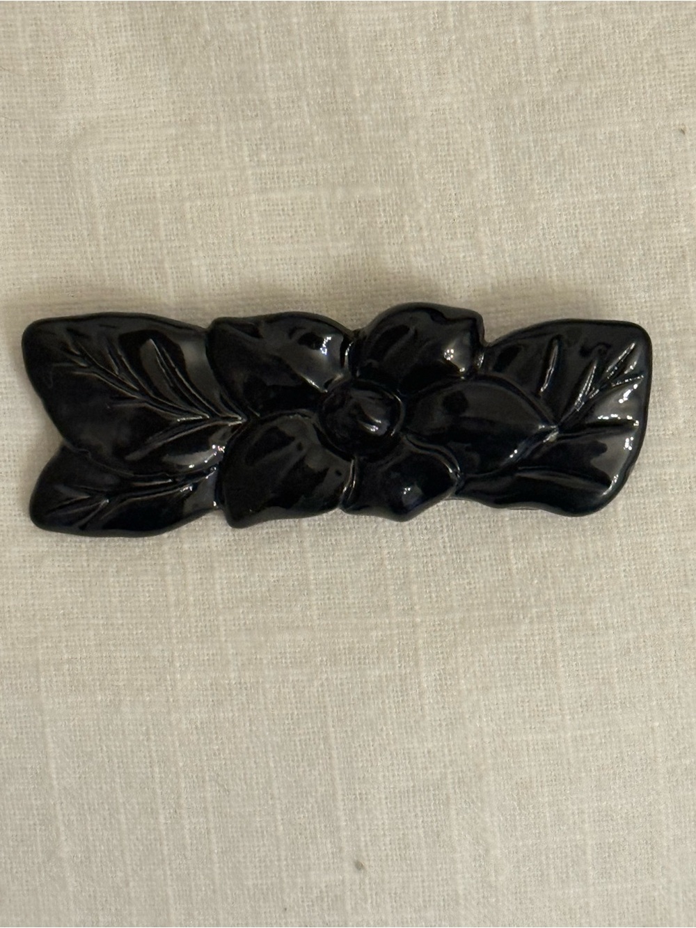 VTG Black Carved Floral Bar Pin 3” Retro Brooch